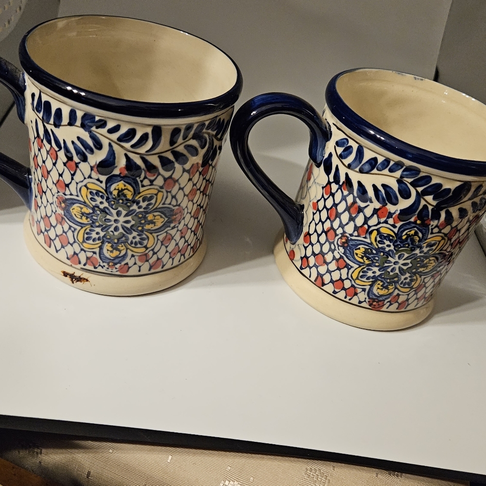 Set of 2 ceramic handpainted Expressions embossed Mugs.